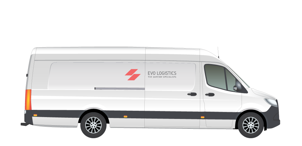 An extra-long white van with Evo Logistics logo